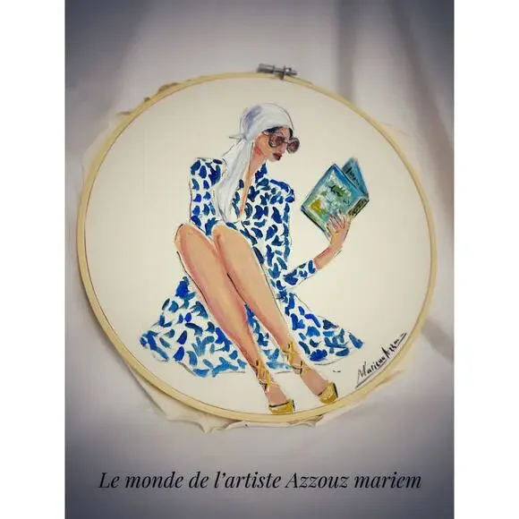 Hand-Painted Modern Canvas Art of a Stylish Woman Reading a Book